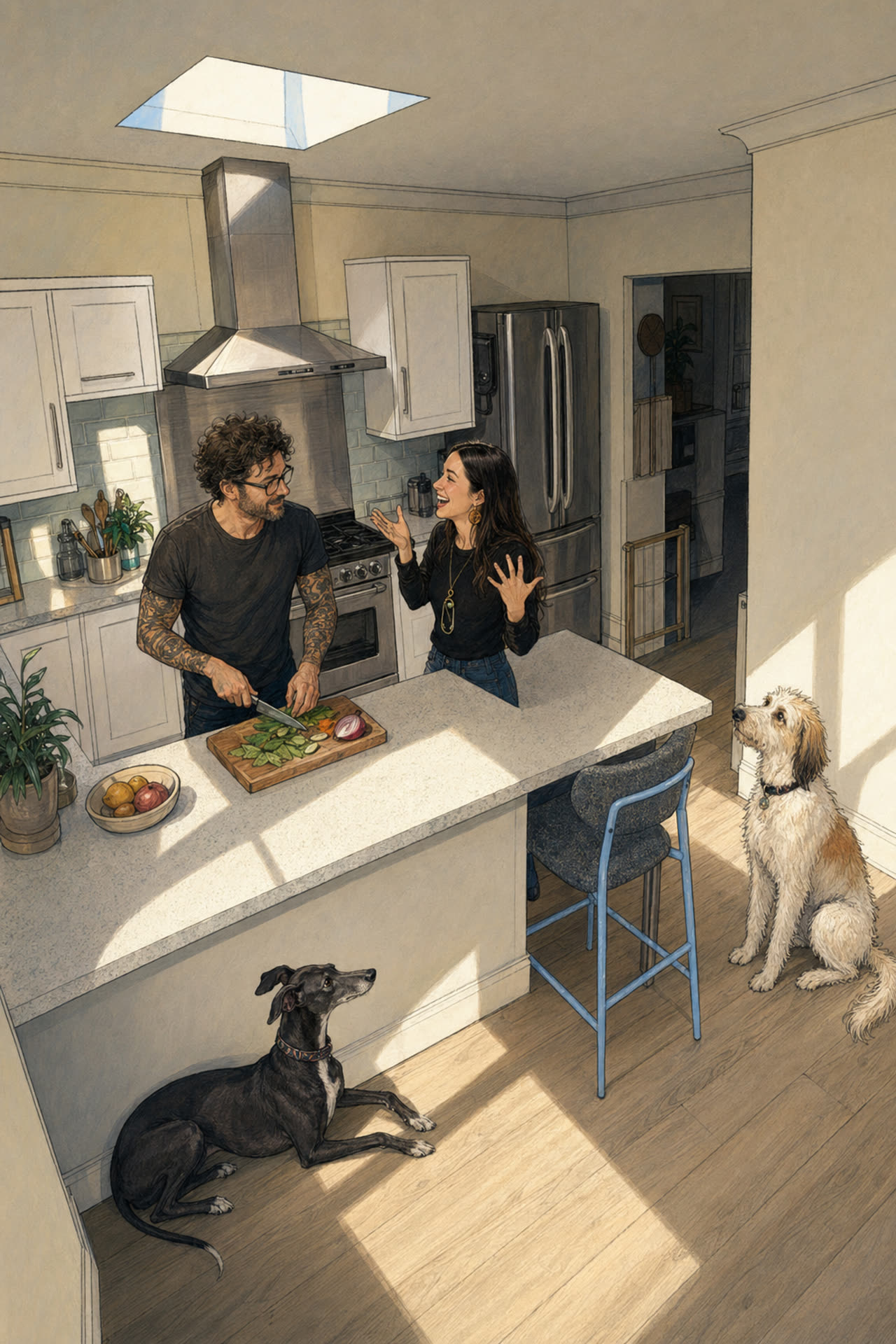Painted axonometric of the kitchen; two figures, one making coffee.