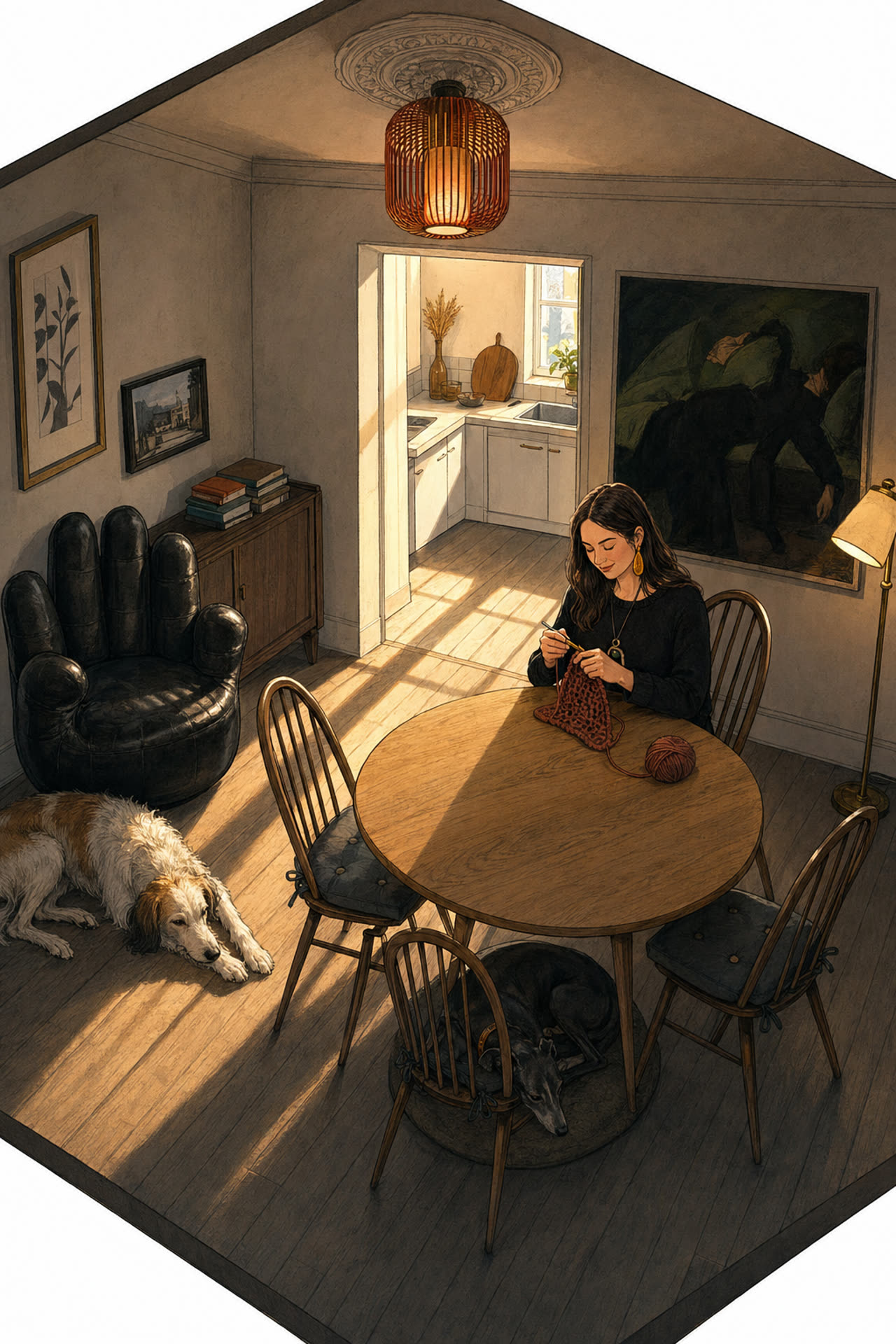Painted axonometric of the library; afternoon light, a figure reading.